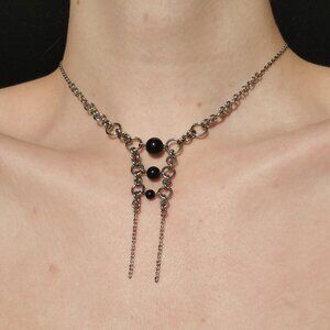 Gothic obsidian unique silver double rosary necklace